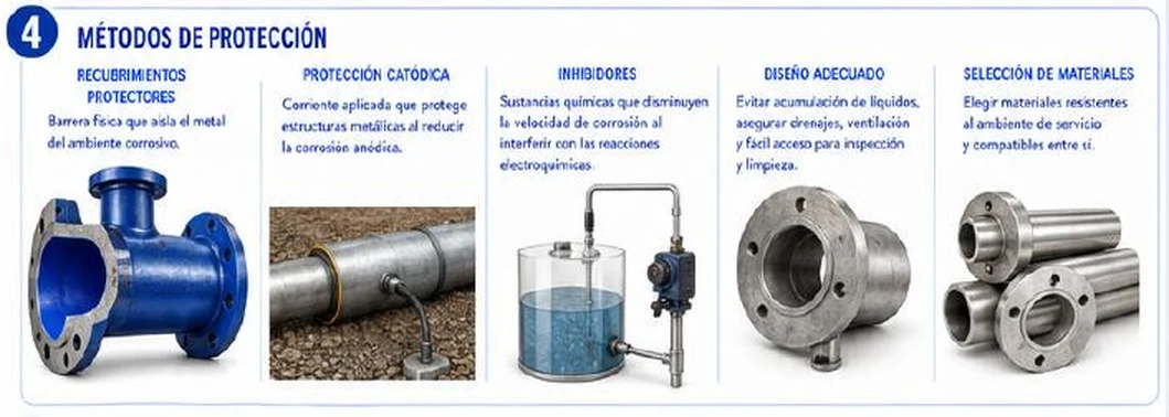 Ficha: métodos de protección; recubrimientos protectores, una barrera física que aísla el metal del ambiente corrosivo; protección catódica, corriente aplicada que protege estructuras metálicas al reducir la corrosión anódica; inhibidores, sustancias químicas que disminuyen la velocidad de corrosión al interferir con las reacciones electroquímicas; diseño adecuado, evitar acumulación de líquidos, asegurar drenajes, ventilación y fácil acceso para inspección y limpieza; selección de materiales, elegir materiales resistentes al ambiente de servicio y compatibles entre sí