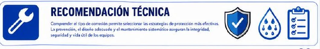 Ficha: recomendación técnica; comprender el tipo de corrosión permite seleccionar las estrategias de protección más efectivas; la prevención, el diseño adecuado y el mantenimiento sistemático aseguran la integridad, seguridad y vida útil de los equipos