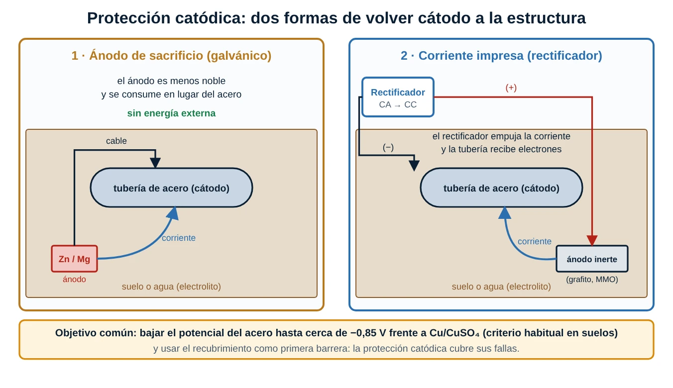 Dos sistemas de protección catódica: ánodo de sacrificio de zinc o magnesio conectado a la tubería, y corriente impresa con rectificador y ánodo inerte