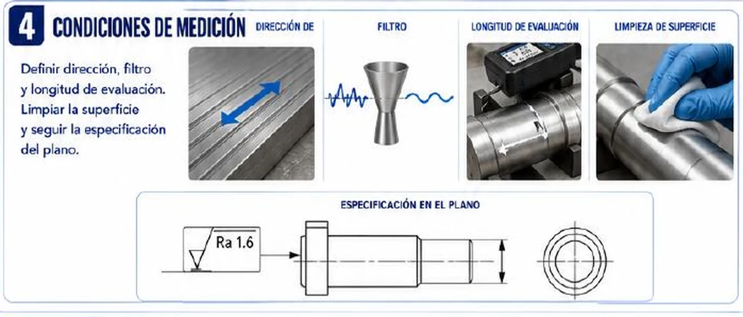 Ficha: condiciones de medición; definir dirección, filtro y longitud de evaluación, limpiar la superficie y seguir la especificación del plano; cuatro imágenes con dirección de medición sobre marcas de mecanizado, un filtro representado por un embudo, la longitud de evaluación sobre un eje y la limpieza de superficie con un paño; y un dibujo con la especificación Ra 1.6 en el plano de un eje