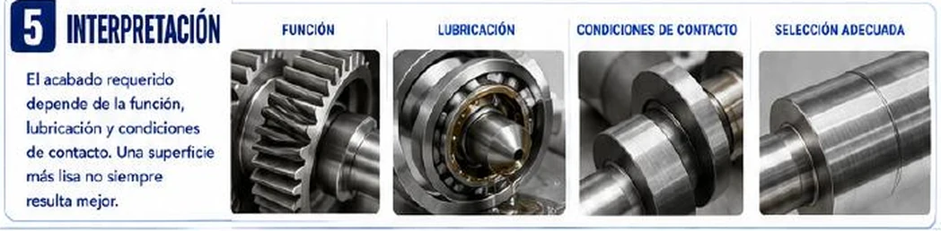 Ficha: interpretación; el acabado requerido depende de la función, lubricación y condiciones de contacto; una superficie más lisa no siempre resulta mejor; cuatro fotografías de un engranaje (función), un rodamiento con aceite (lubricación), dos piezas en contacto (condiciones de contacto) y un eje con un tramo de acabado distinto (selección adecuada)