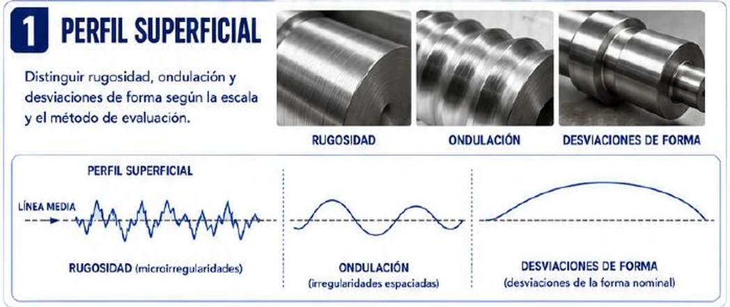 Ficha: perfil superficial; distinguir rugosidad, ondulación y desviaciones de forma según la escala y el método de evaluación; tres fotos de piezas de acero (rugosidad, ondulación y desviaciones de forma) y tres perfiles dibujados: la rugosidad como microirregularidades alrededor de la línea media, la ondulación como irregularidades espaciadas y las desviaciones de forma como un arco amplio