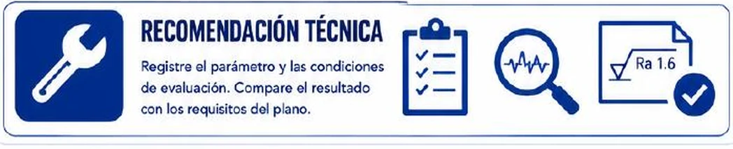 Ficha: recomendación técnica; registre el parámetro y las condiciones de evaluación; compare el resultado con los requisitos del plano; iconos de una lista de verificación, una lupa sobre un perfil y una hoja con la especificación Ra 1.6 verificada