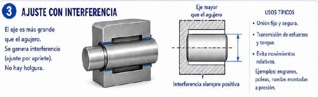 Ficha: ajuste con interferencia; el eje es más grande que el agujero, se genera interferencia (ajuste por apriete) y no hay holgura; esquema del eje mayor que el agujero con interferencia siempre positiva; usos típicos: unión fija y segura, transmisión de esfuerzos y torque, evita movimientos relativos; ejemplos: engranajes, poleas, ruedas montadas a presión