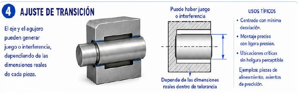 Ficha: ajuste de transición; el eje y el agujero pueden generar juego o interferencia dependiendo de las dimensiones reales de cada pieza; esquema con la leyenda puede haber juego o interferencia; usos típicos: centrado con mínima desviación, montaje preciso con ligera presión, ubicaciones críticas sin holgura perceptible; ejemplos: piezas de alineamiento, asientos de precisión