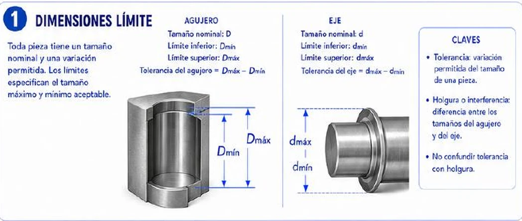 Ficha: dimensiones límite; para el agujero tamaño nominal D, límite inferior Dmín, límite superior Dmáx y tolerancia igual a Dmáx menos Dmín; para el eje tamaño nominal d, límite inferior dmín, límite superior dmáx y tolerancia igual a dmáx menos dmín; dibujos de un agujero con Dmáx y Dmín y de un eje con dmáx y dmín; recuadro de claves sobre tolerancia, holgura o interferencia