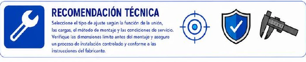 Ficha: recomendación técnica; seleccionar el tipo de ajuste según la función de la unión, las cargas, el método de montaje y las condiciones de servicio; verificar las dimensiones límite antes del montaje y asegurar un proceso de instalación controlado y conforme a las instrucciones del fabricante; iconos de llave, diana, escudo y calibre