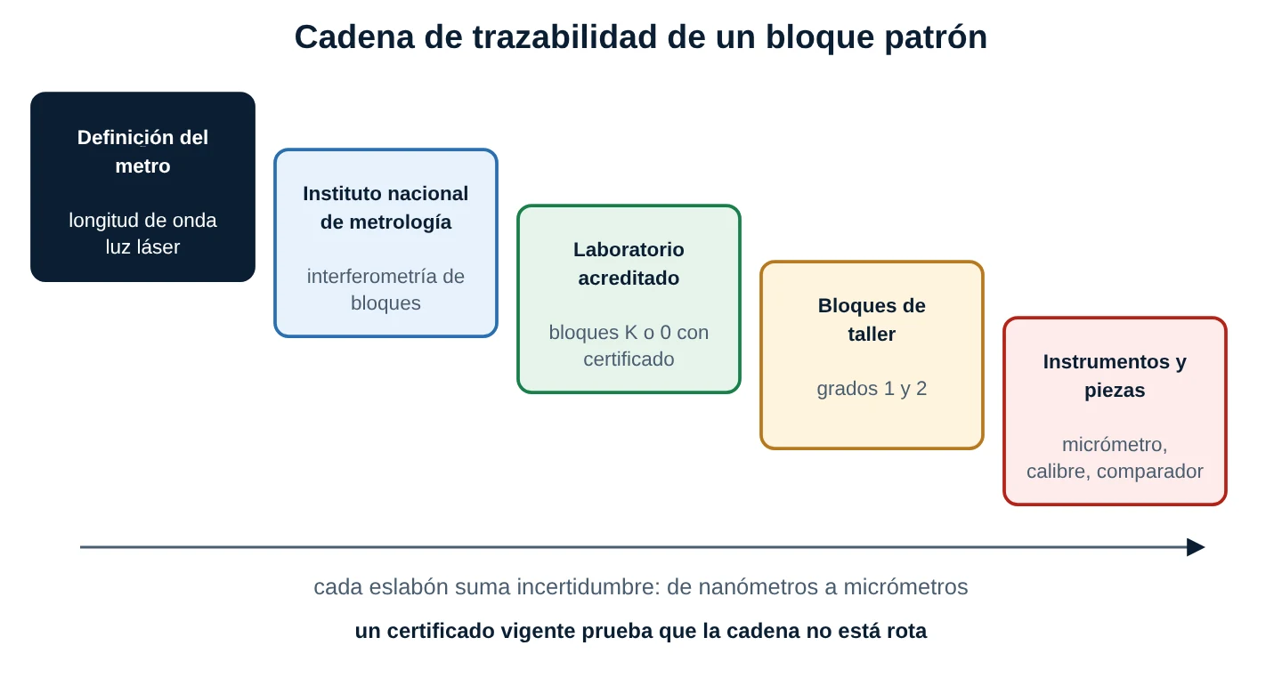 Cadena de trazabilidad en escalera: definición del metro, instituto nacional de metrología, laboratorio acreditado, bloques de taller e instrumentos y piezas, con una flecha que indica que cada eslabón suma incertidumbre