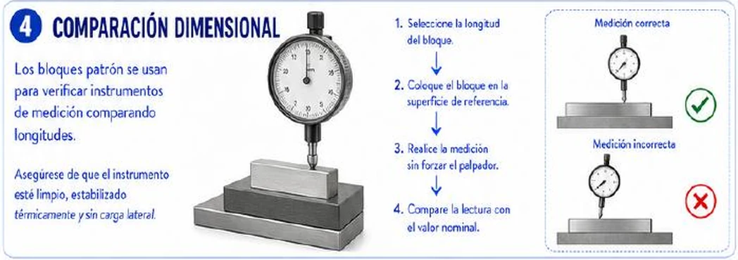 Ficha: comparación dimensional; los bloques patrón se usan para verificar instrumentos comparando longitudes; asegurarse de que el instrumento esté limpio, estabilizado térmicamente y sin carga lateral; pasos: seleccionar la longitud del bloque, colocar el bloque en la superficie de referencia, realizar la medición sin forzar el palpador, comparar la lectura con el valor nominal; comparador de carátula sobre una pila de bloques; medición correcta con el palpador perpendicular y medición incorrecta con el instrumento inclinado