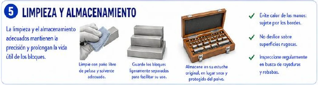 Ficha: limpieza y almacenamiento; la limpieza y el almacenamiento adecuados mantienen la precisión y prolongan la vida útil; limpie con paño libre de pelusa y solvente adecuado; guarde los bloques ligeramente separados para facilitar su uso; almacene en su estuche original, en lugar seco y protegido del polvo; evite el calor de las manos, sujete por los bordes; no deslice sobre superficies rugosas; inspeccione regularmente en busca de rayaduras y rebabas