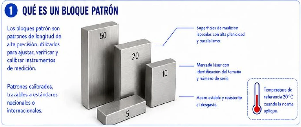 Ficha: qué es un bloque patrón; patrones de longitud de alta precisión para ajustar, verificar y calibrar instrumentos; calibrados y trazables a estándares nacionales o internacionales; bloques marcados 50, 20, 10 y 5; superficies de medición lapeadas con alta planicidad y paralelismo; marcado láser con tamaño y número de serie; acero estable y resistente al desgaste; temperatura de referencia 20 grados Celsius cuando la norma aplique