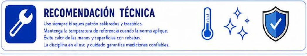 Ficha: recomendación técnica; usar siempre bloques patrón calibrados y trazables; mantener la temperatura de referencia cuando la norma aplique; evitar el calor de las manos y superficies con rebabas; la disciplina en el uso y cuidado garantiza mediciones confiables