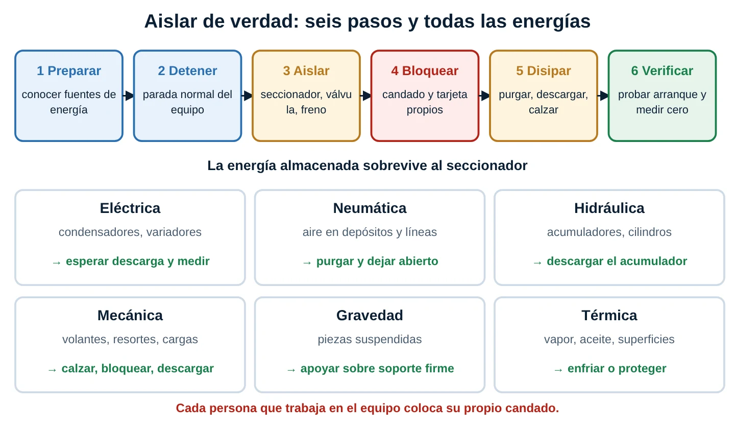 Seis pasos de aislamiento: preparar, detener, aislar, bloquear, disipar y verificar, y debajo seis tipos de energía con la acción correspondiente: eléctrica, neumática, hidráulica, mecánica, gravedad y térmica