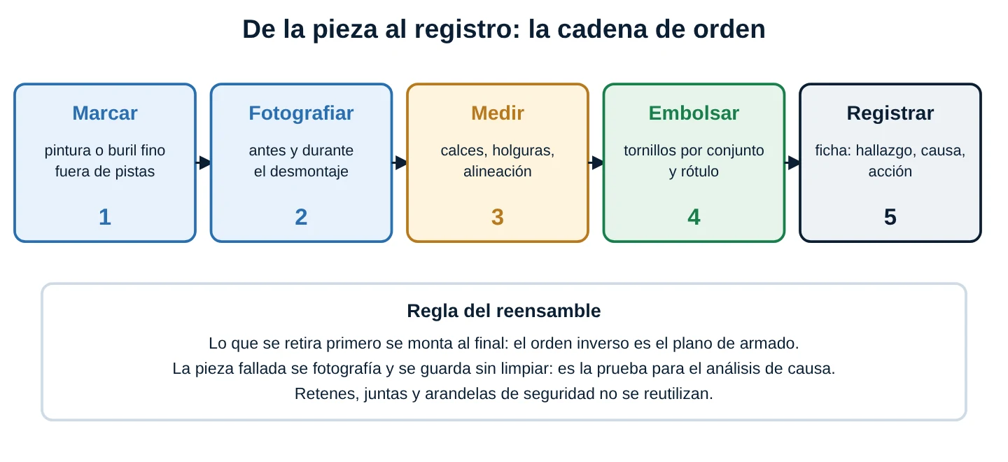 Cadena de orden de cinco pasos: marcar, fotografiar, medir, embolsar y registrar, con la regla del reensamble: lo que se retira primero se monta al final, la pieza fallada se guarda sin limpiar y los retenes y juntas no se reutilizan
