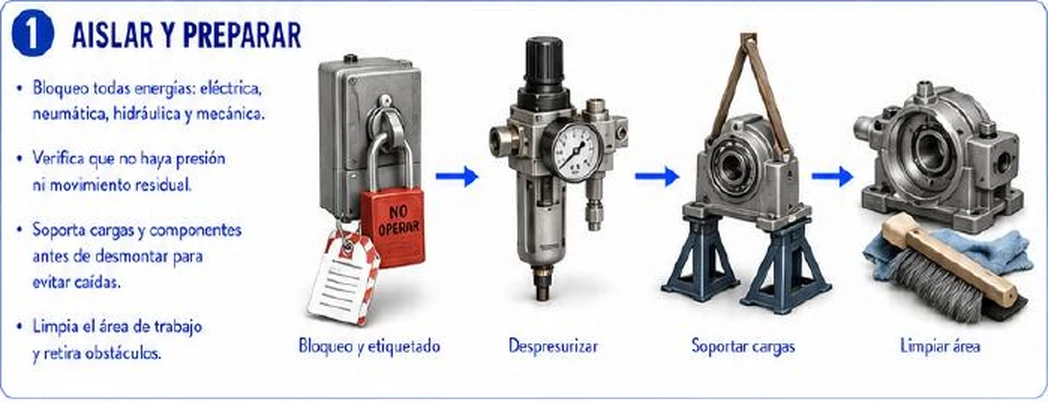 Ficha: aislar y preparar; bloqueo de todas las energías eléctrica, neumática, hidráulica y mecánica; verificar que no haya presión ni movimiento residual; soportar cargas y componentes antes de desmontar para evitar caídas; limpiar el área de trabajo y retirar obstáculos; ilustraciones de bloqueo y etiquetado, despresurizar, soportar cargas y limpiar área