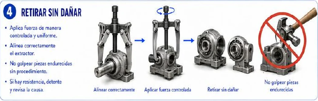 Ficha: retirar sin dañar; aplicar fuerza de manera controlada y uniforme; alinear correctamente el extractor; no golpear piezas endurecidas sin procedimiento; si hay resistencia, detenerse y revisar la causa; ilustraciones de alinear correctamente, aplicar fuerza controlada, retirar sin dañar y no golpear piezas endurecidas con símbolo de prohibido