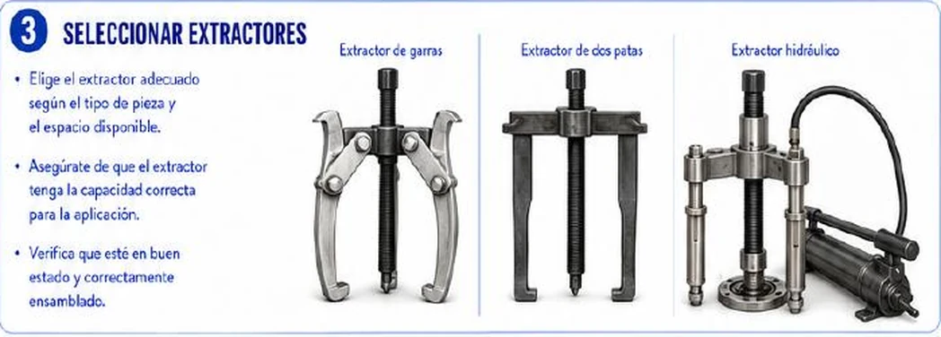 Ficha: seleccionar extractores; elegir el extractor adecuado según el tipo de pieza y el espacio disponible; asegurarse de que tenga la capacidad correcta para la aplicación; verificar que esté en buen estado y correctamente ensamblado; extractor de garras, extractor de dos patas y extractor hidráulico