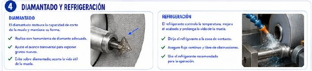 Ficha: diamantado y refrigeración; el diamantado restaura la capacidad de corte de la muela y mantiene su forma; usar herramienta de diamante adecuada, ajustar el avance transversal, evitar sobrediamantado; refrigeración: dirigir el refrigerante a la zona de contacto, flujo continuo, usar el recomendado