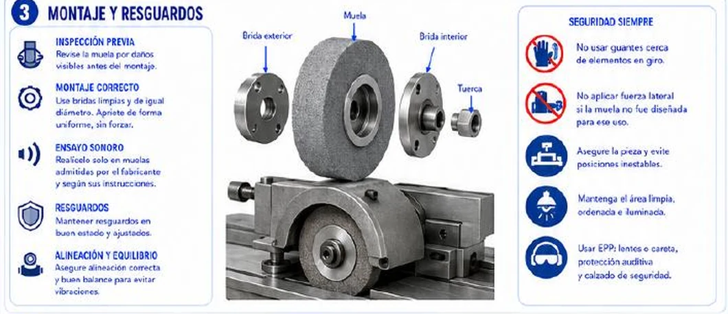 Ficha: montaje y resguardos; inspección previa, montaje correcto con bridas limpias y de igual diámetro, ensayo sonoro, resguardos, alineación y equilibrio; muela desarmada con brida exterior, brida interior y tuerca; seguridad siempre: no usar guantes cerca de elementos en giro, no aplicar fuerza lateral, asegurar la pieza, área limpia, usar EPP