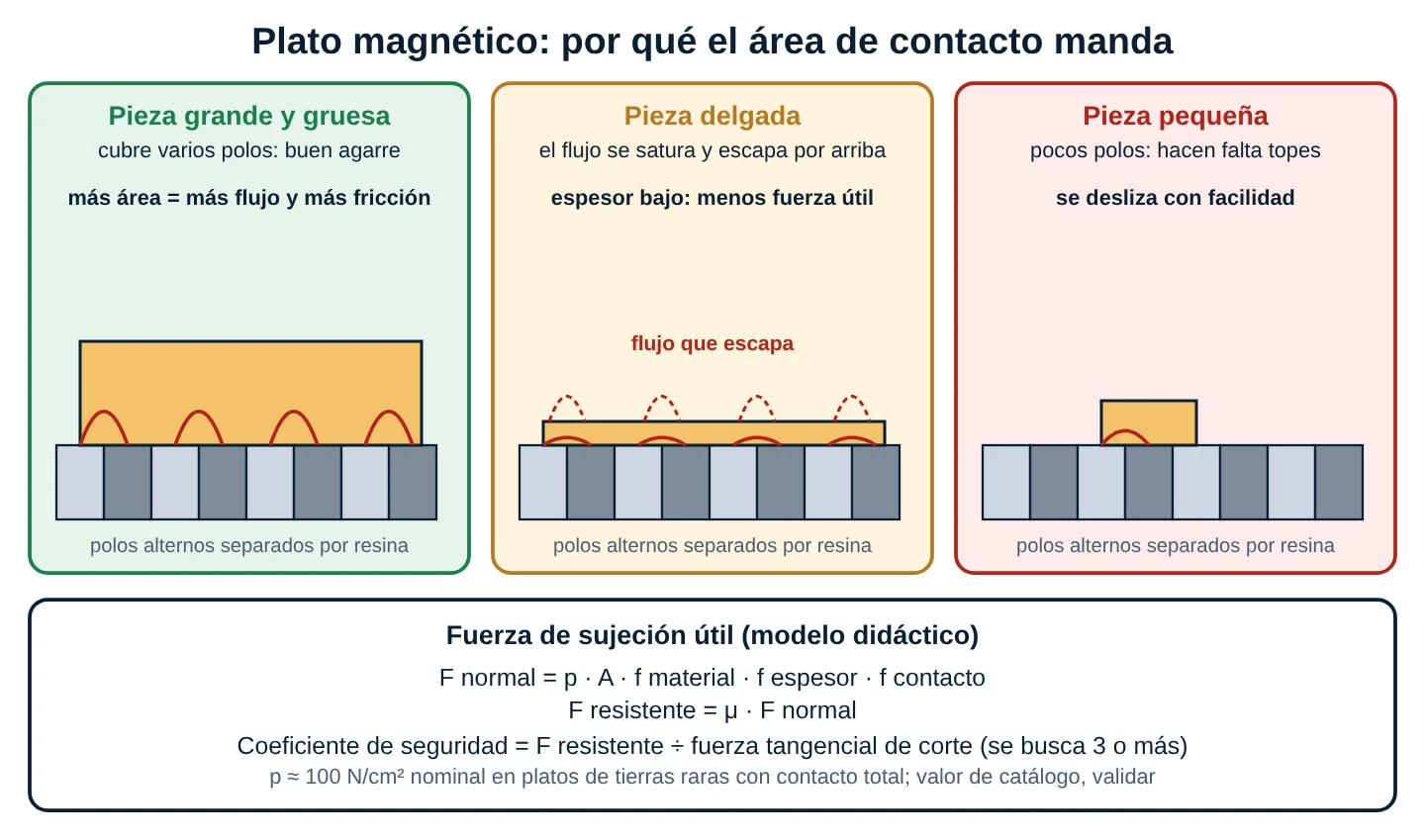 Tres paneles de plato magnético: pieza grande y gruesa con buen agarre, pieza delgada con flujo que escapa y pieza pequeña que se desliza, y fórmula de la fuerza de sujeción