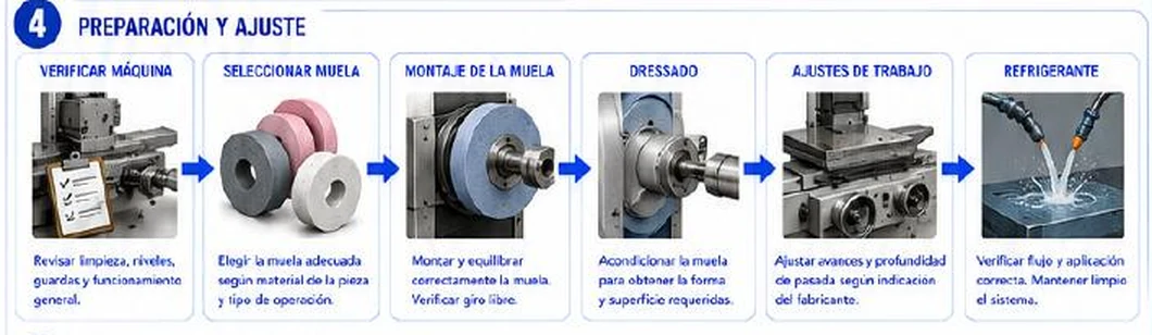 Ficha: preparación y ajuste con seis pasos: verificar máquina, seleccionar muela, montaje de la muela, dressado, ajustes de trabajo y refrigerante