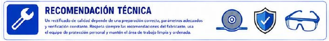 Ficha: recomendación técnica, un rectificado de calidad depende de una preparación correcta, parámetros adecuados y verificación constante, con iconos de muela, escudo y gafas de seguridad