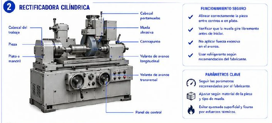 Ficha: rectificadora cilíndrica con cabezal del trabajo, pieza, plato o mandril, cabezal portamuelas, muela abrasiva, contrapunto, volantes de avance y panel de control, con recuadros de funcionamiento seguro y parámetros clave