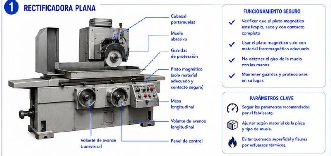Ficha: rectificadora plana con cabezal portamuelas, muela abrasiva, guardas de protección, plato magnético, mesa longitudinal, volantes de avance y panel de control, con recuadros de funcionamiento seguro y parámetros clave