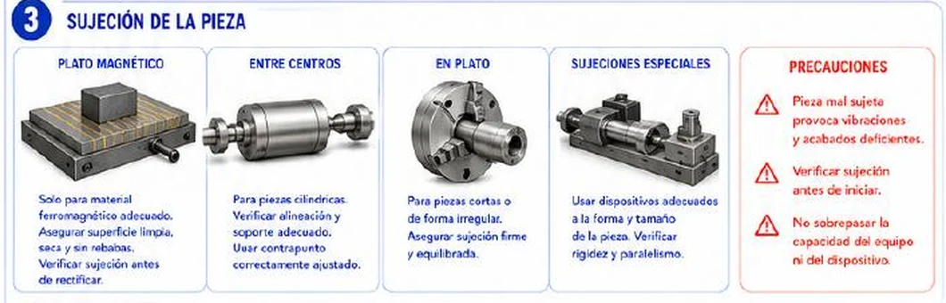 Ficha: sujeción de la pieza con plato magnético, entre centros, en plato, sujeciones especiales y recuadro de precauciones