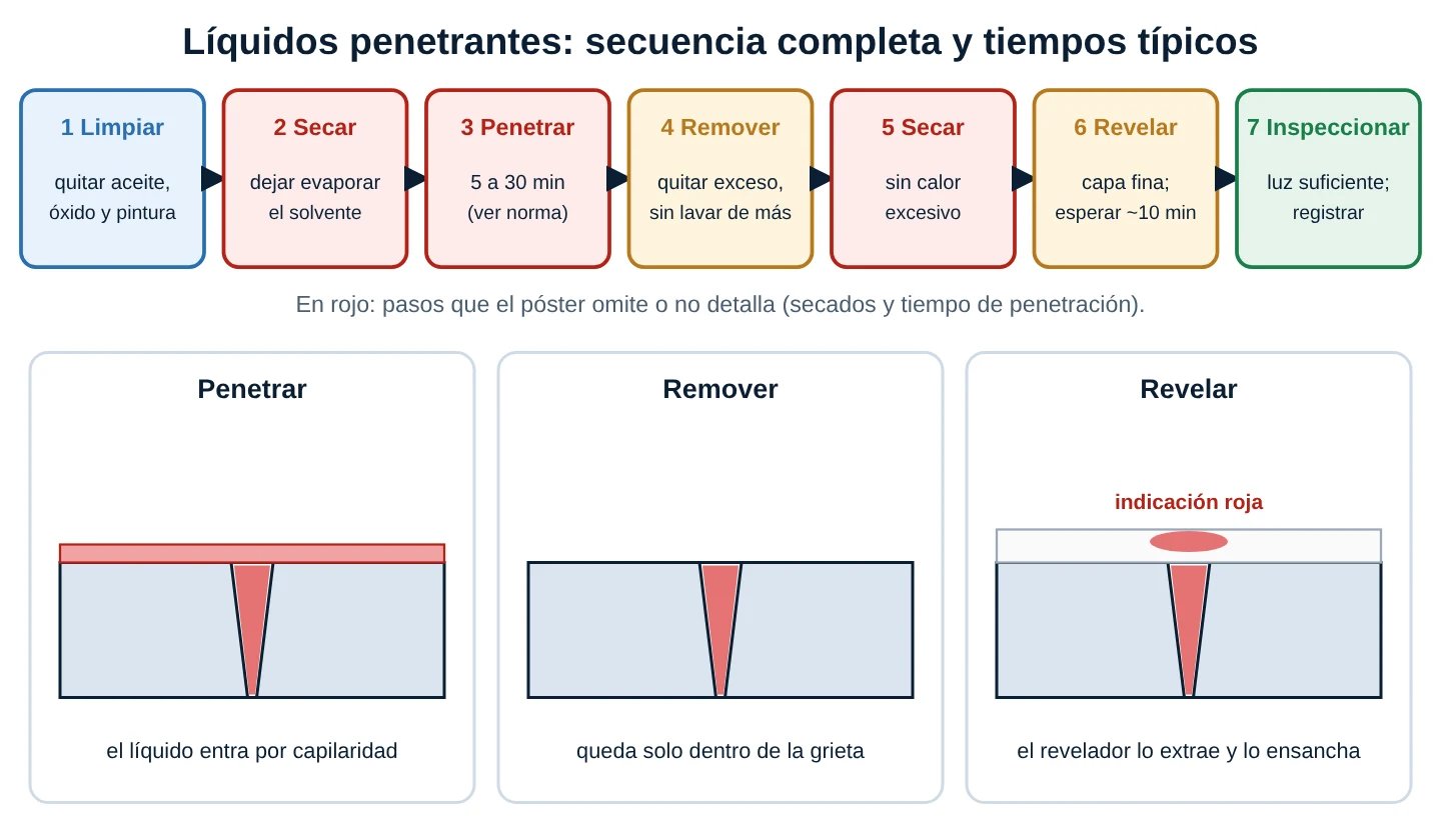 Secuencia de siete pasos de líquidos penetrantes con tiempos típicos y tres cortes de una grieta: penetrar, remover y revelar