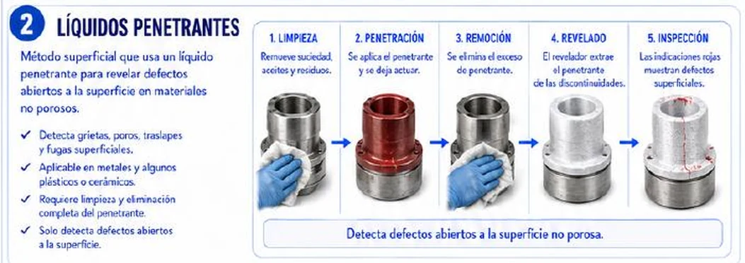 Ficha: líquidos penetrantes con cinco pasos: limpieza, penetración, remoción, revelado e inspección, sobre una pieza cilíndrica