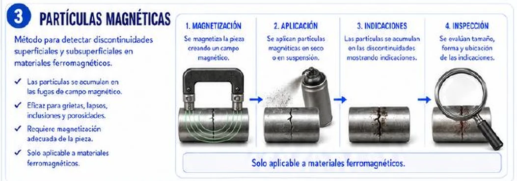 Ficha: partículas magnéticas con cuatro pasos: magnetización, aplicación, indicaciones e inspección, sobre una barra con yugo magnético