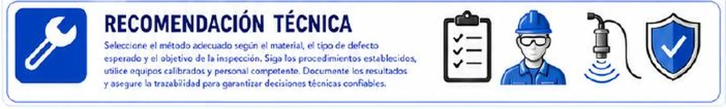 Recomendación técnica: seleccione el método según material, tipo de defecto y objetivo; siga procedimientos; use equipos calibrados y personal competente; documente y asegure la trazabilidad