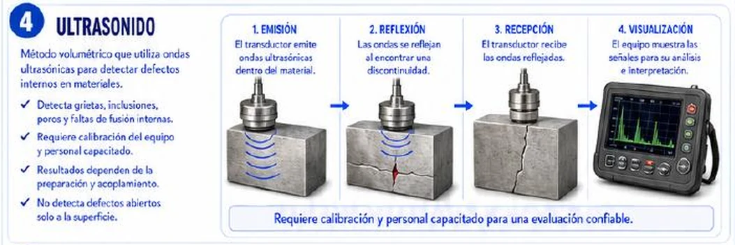 Ficha: ultrasonido con cuatro pasos: emisión, reflexión, recepción y visualización, con un palpador sobre un bloque de acero y un equipo con pantalla